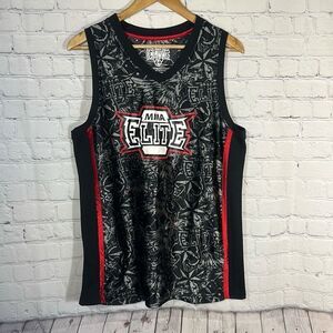 MMA Elite Tank Top Mens Medium Black All Over Print Logo Spellout Jersey Shirt